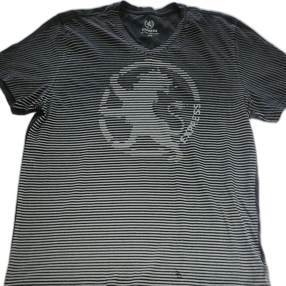 Express Men's Black & White Striped Lion V-Neck T-Shirt Size Large